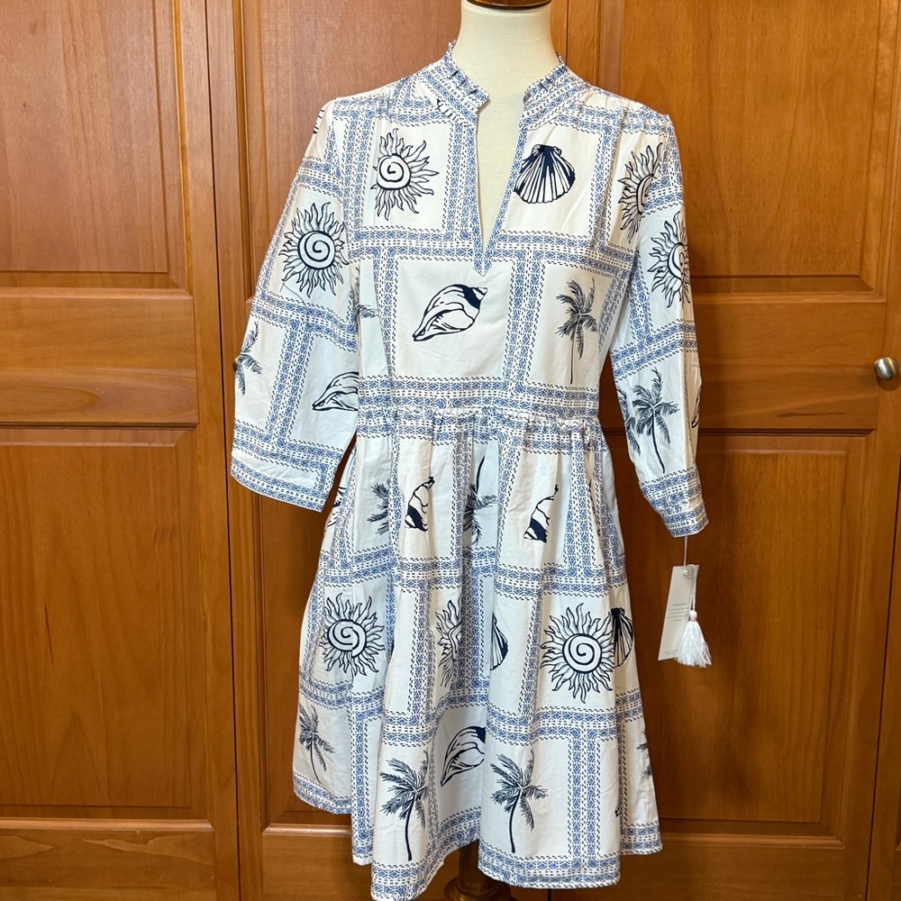 Calypso St Barth Seashell Blue and White Tile Patterned Dress - Picture 5 of 15